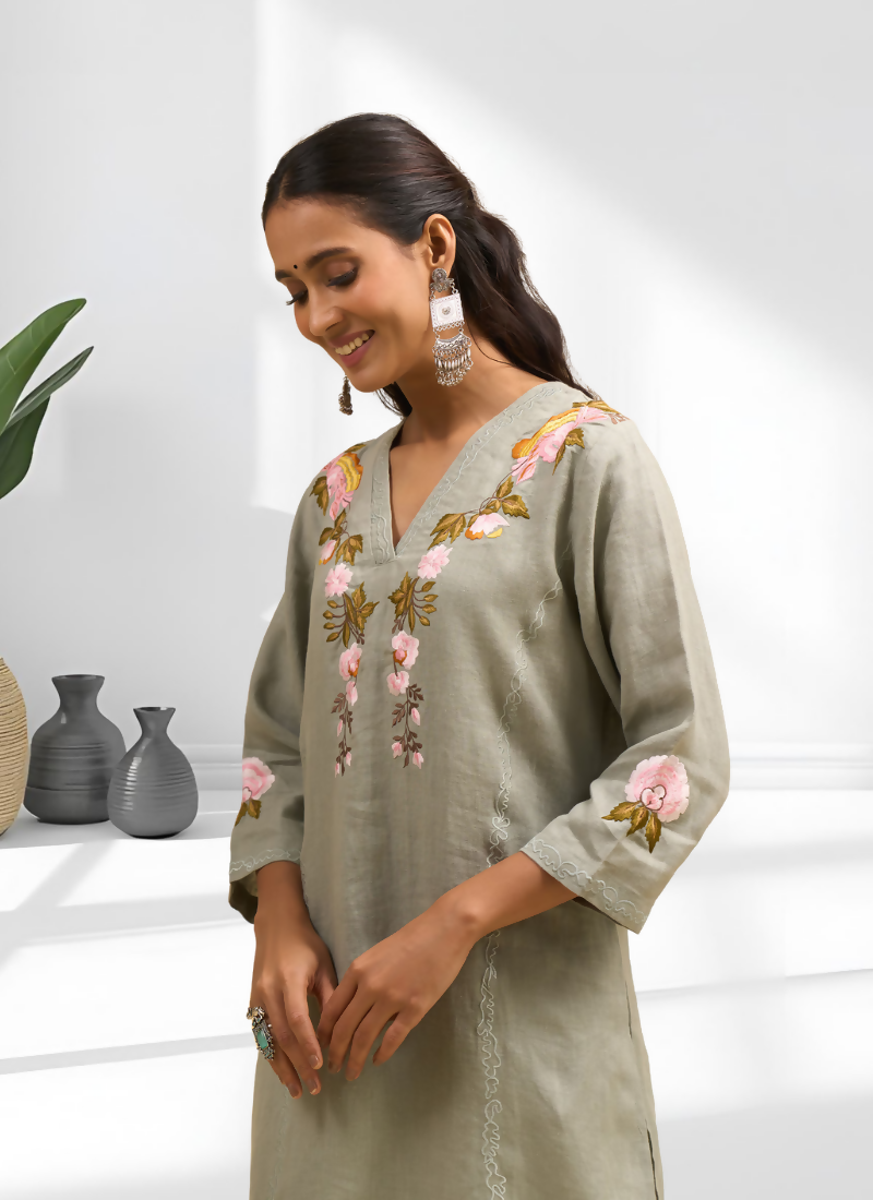 Joban Fashion Pista Green Linen Embroidered Readymade Cord Set