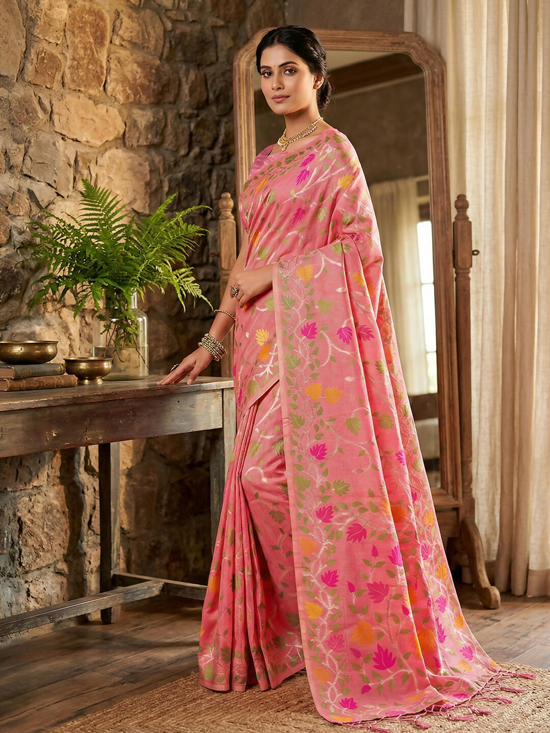 Shree Shyam Fashion Pink Linen Cotton Saree
