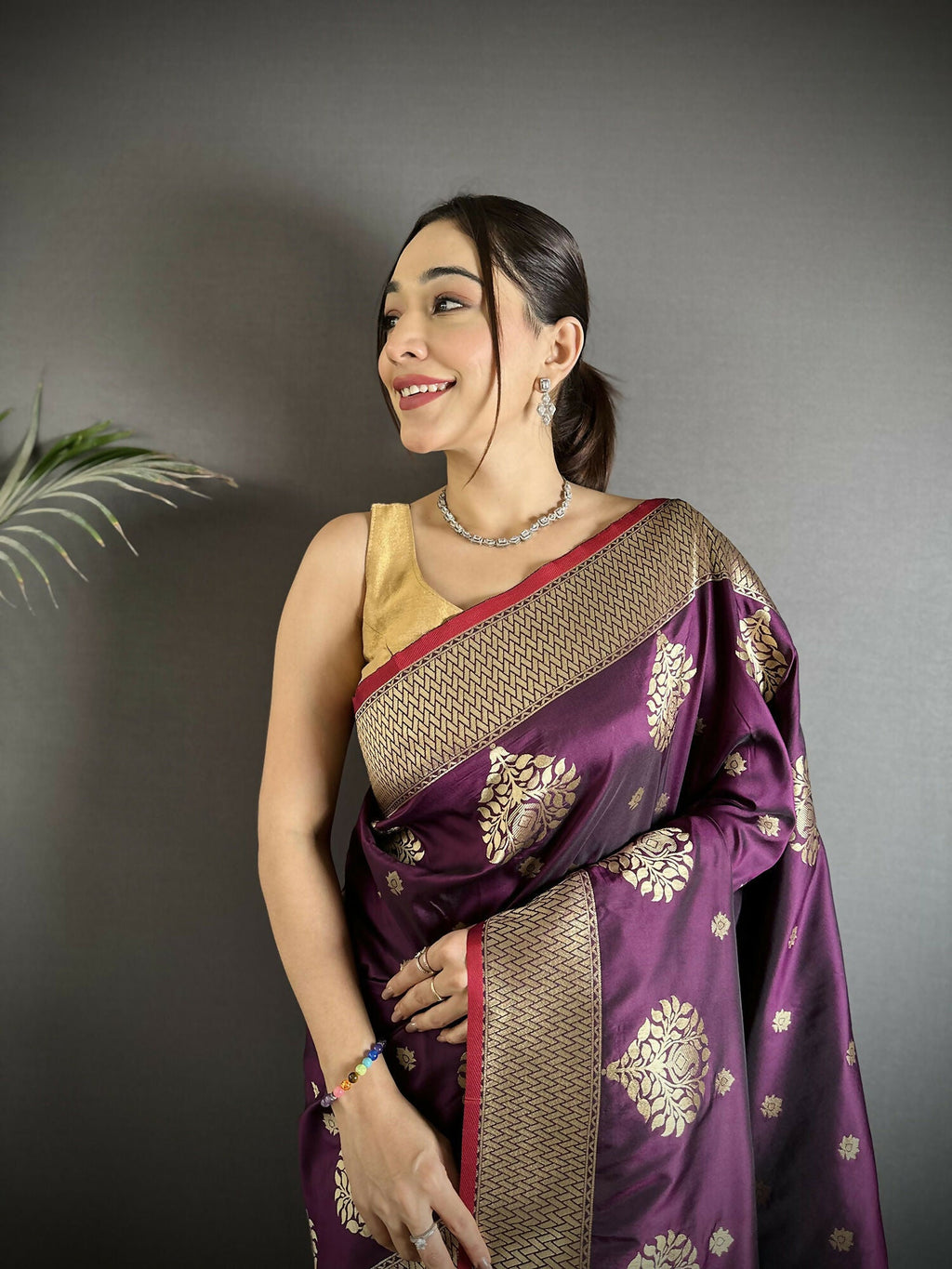 Joban Fashion Purple & Green Woven Butti Soft Silk Banarasi Silk Saree