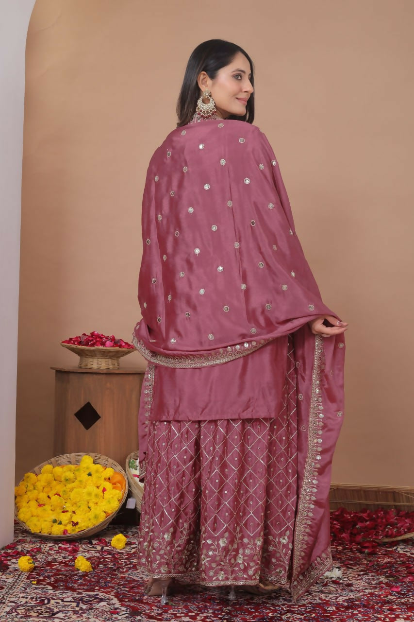 Teeya Creation Dark Onion Color Chinon Silk Wedding Wear Trending Palazzo Set