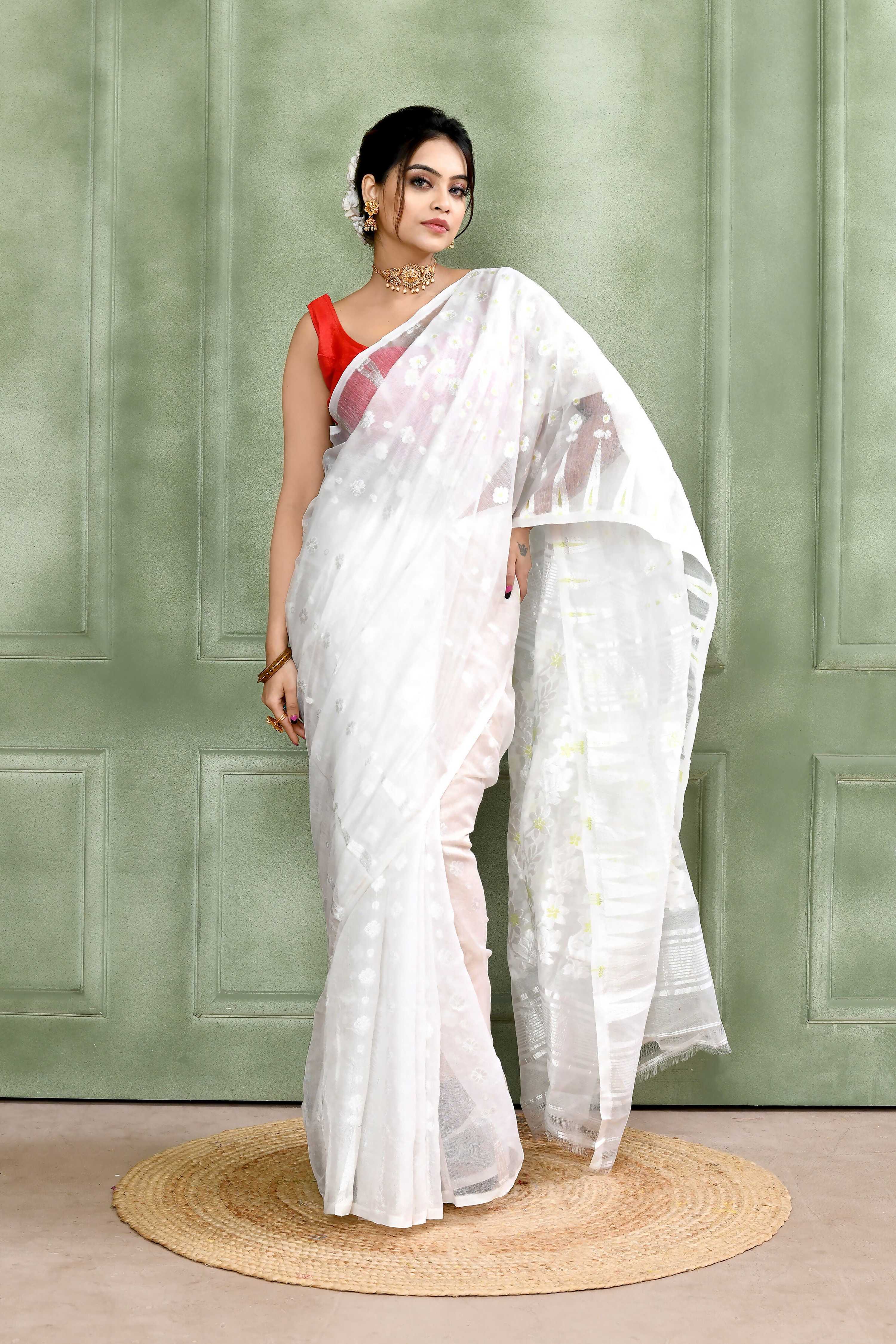 Piyari Fashion Women's White Embellished Cotton Blend Jamdani Saree