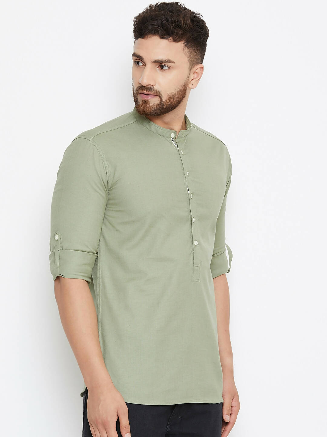 Even Apparels Green Color Men's Pure Cotton Kurta With Band Collar