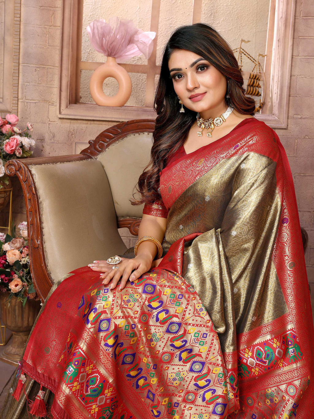 Aastha Fashion Brown Banarasi Tissue Silk Weaving Saree