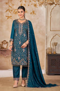 Anaita Blue Vichitra Silk Readymade Suit with Embroidery & Lace Work