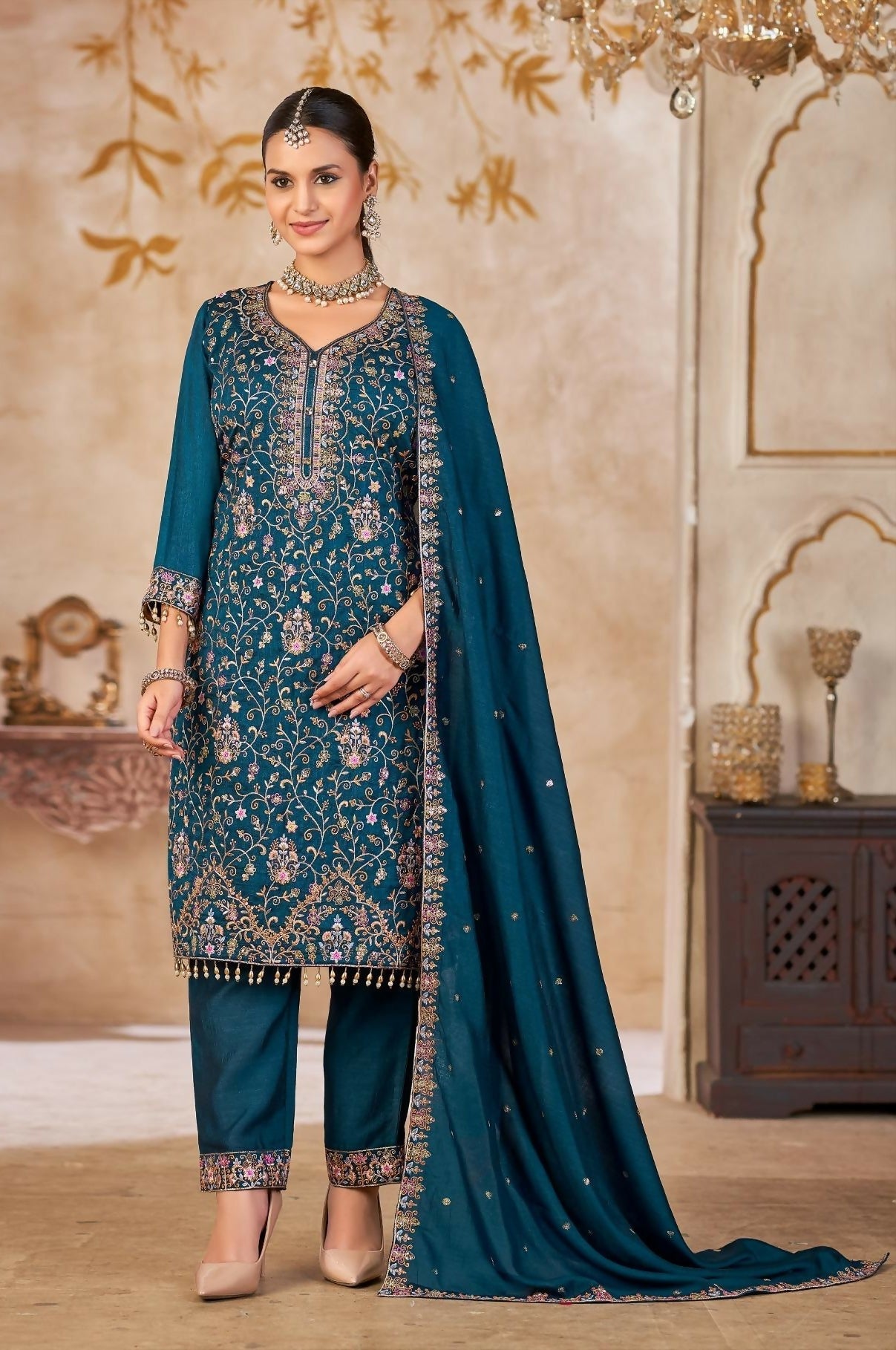 Anaita Blue Vichitra Silk Readymade Suit with Embroidery & Lace Work