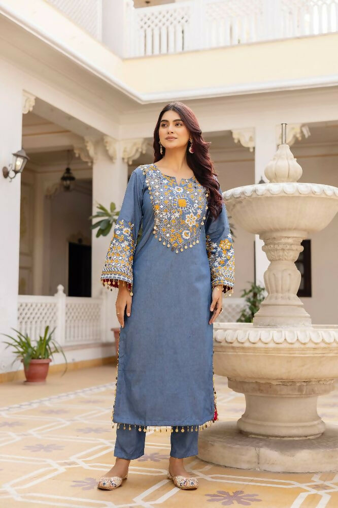 Teeya Creation Blue Color Cotton Denim Party Wear Real Mirror Work kurti