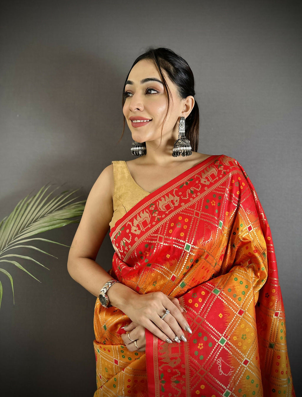 Joban Fashion Yellow And Red Geometric Pattern Soft Silk Patola Saree