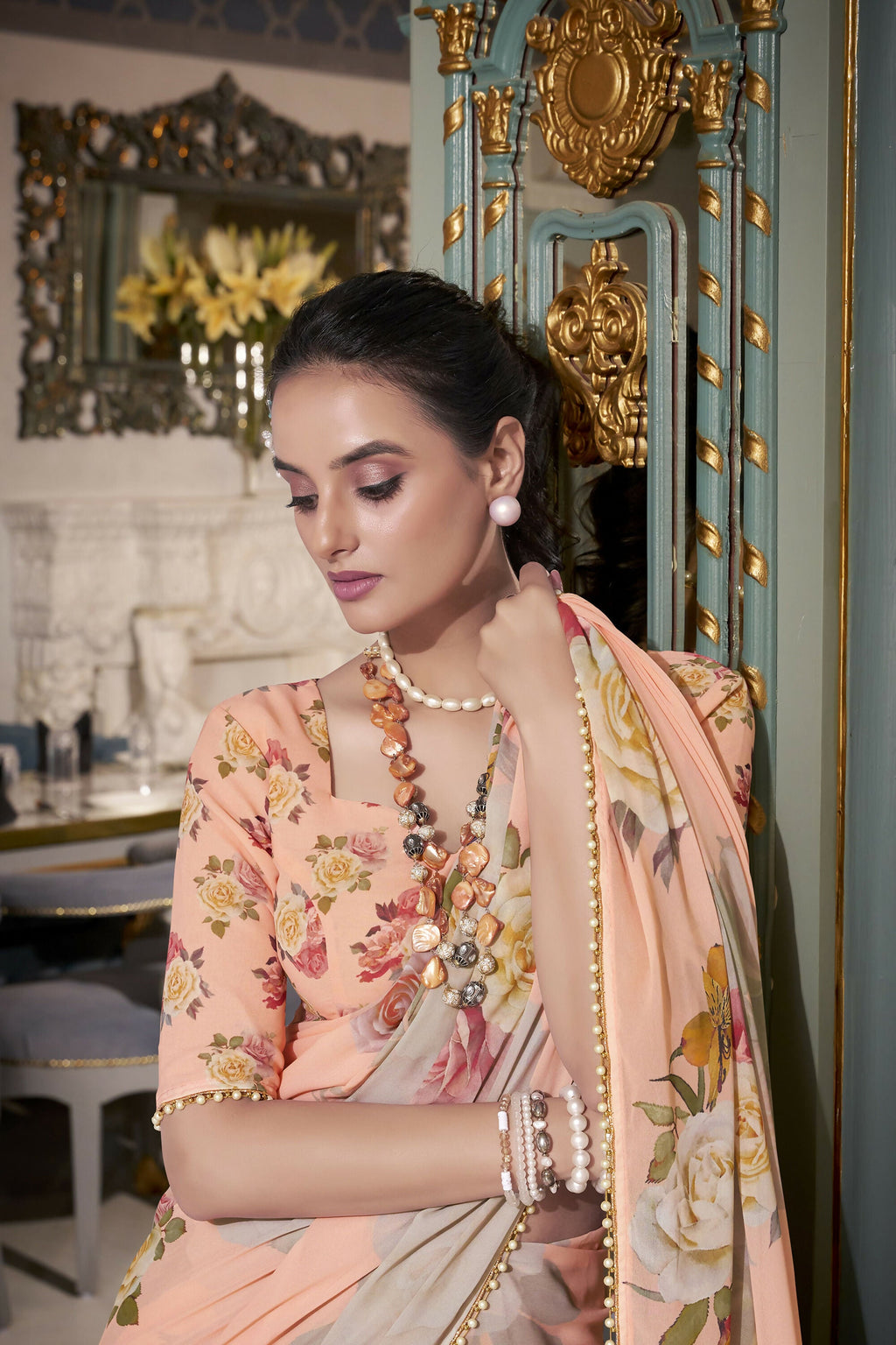 Vastranavya Peach Spectacular Georgette Printed with Pearl Lace Saree with Unstitched Blouse