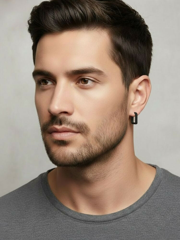 NVR Men's Black Rhodium Plated Geomatric Shaped Hoop Earrings