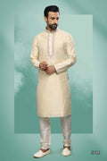Raivat Ethnic Art Silk Mirror Embroidery Work Kurta Pajama In Cream Colour