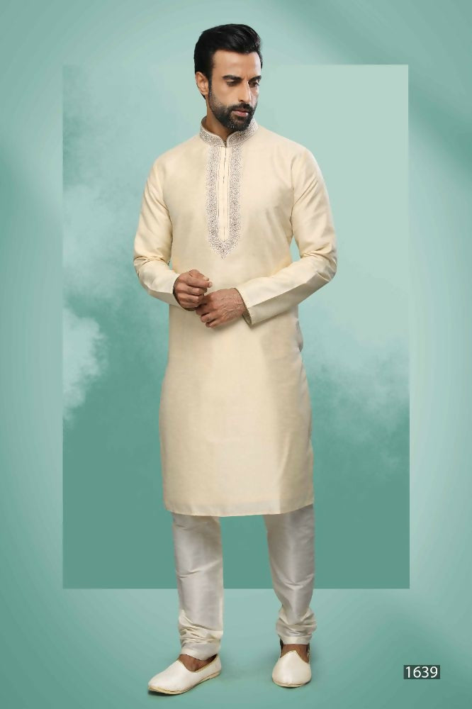 Raivat Ethnic Art Silk Mirror Embroidery Work Kurta Pajama In Cream Colour