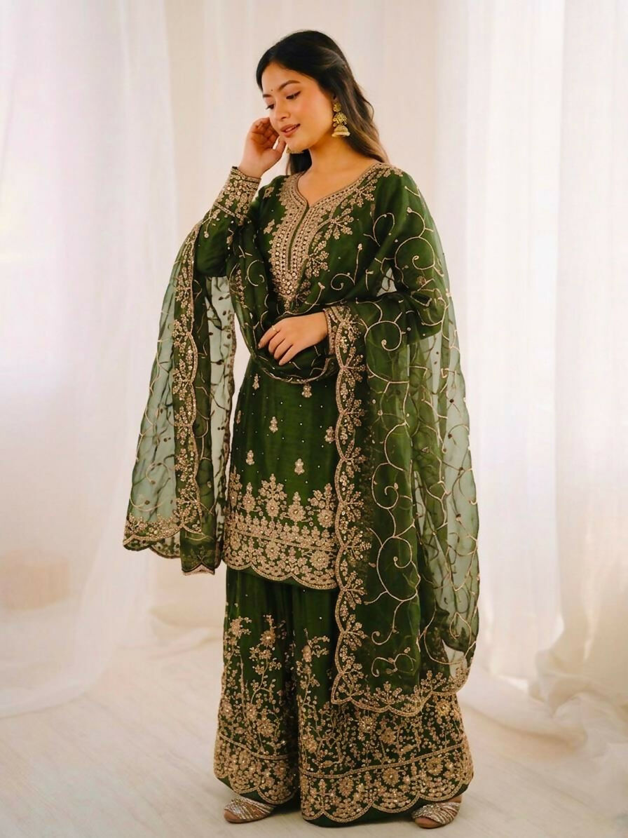 Teeya Creation Green Color Gymmi Silk Embroidery Work Wedding Wear Sharara Set