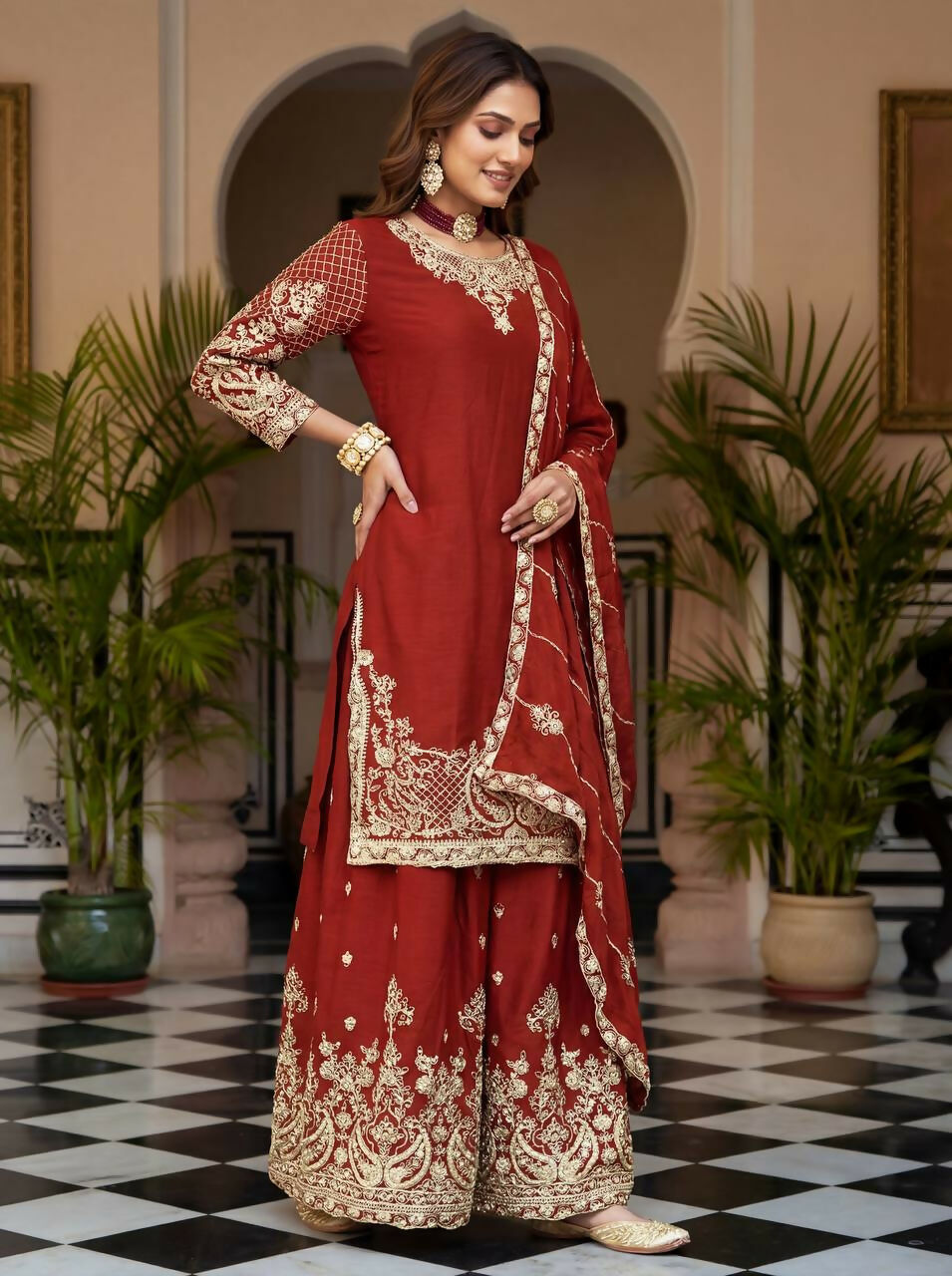 Joban Fashion Red Silk Embroidered Sharara Set