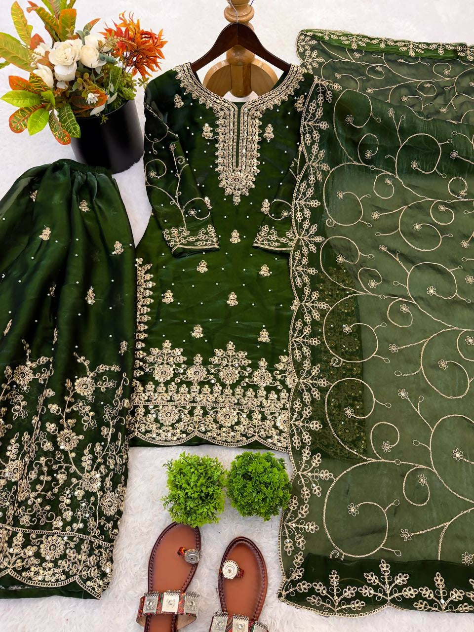 Teeya Creation Green Color Gymmi Silk Embroidery Work Wedding Wear Sharara Set