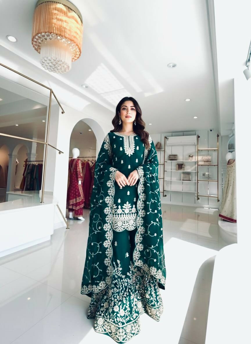 Teeya Creation Teal Pure Silk Gimmy Silk Heavy Embroidery Work Wedding Wear Palazzo Pair