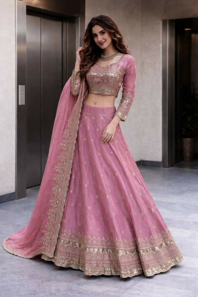 Teeya Creation Pink Color Fendy Satin Heavy Embroidery Work Wedding Wear Stitched Lehenga Choli