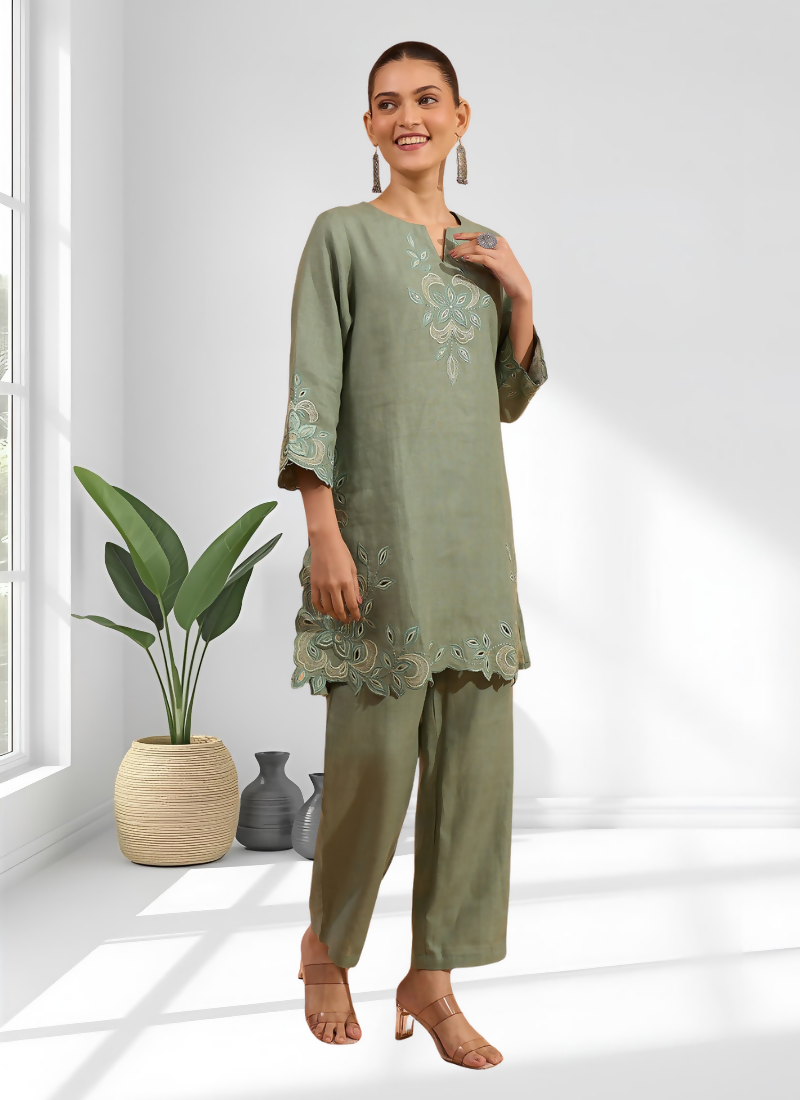 Joban Fashion Pista Green Linen Embroidered Readymade Cord Set