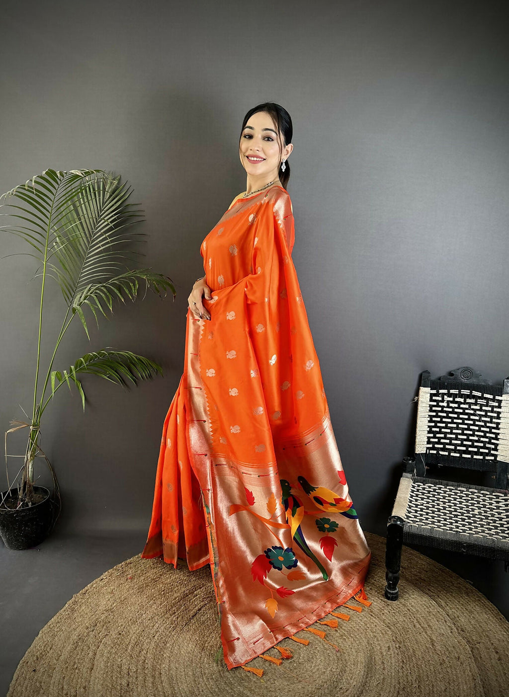 Joban Fashion Orange Peacock & Floral Motifs Soft Silk Kanchipuram Saree