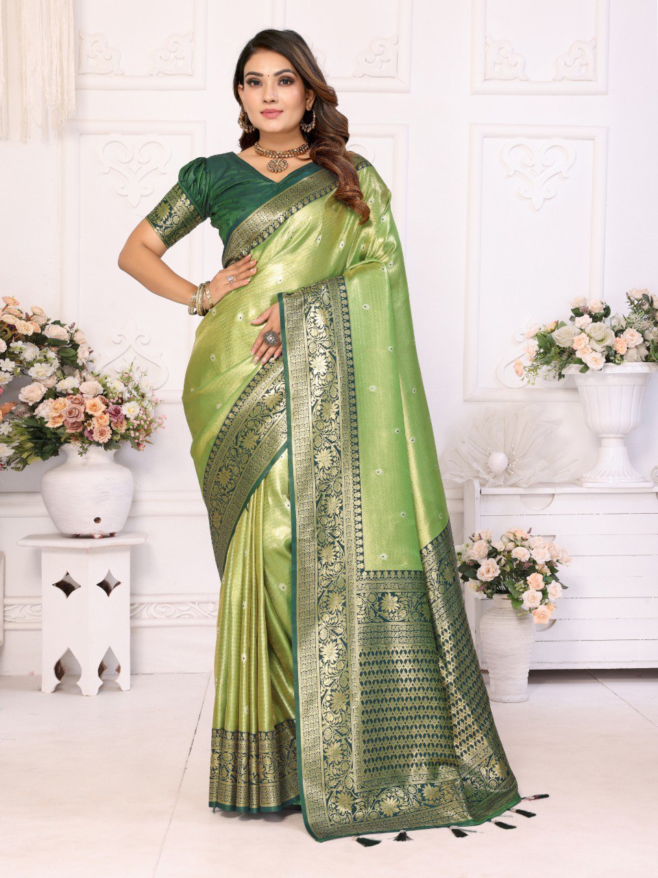 Anaita Light Green Tissue Silk With Butti Weaving Saree With Blouse