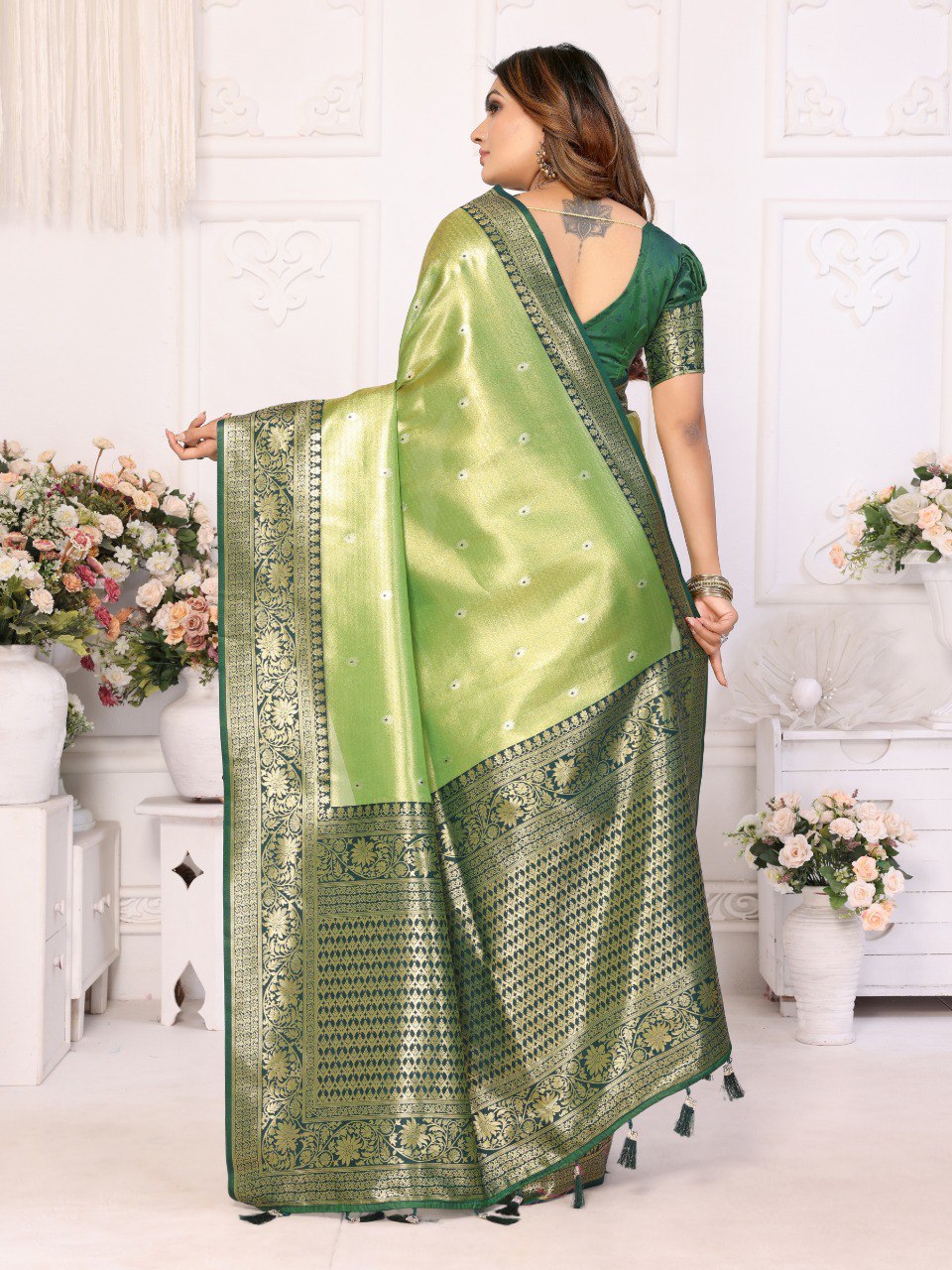 Anaita Light Green Tissue Silk With Butti Weaving Saree With Blouse