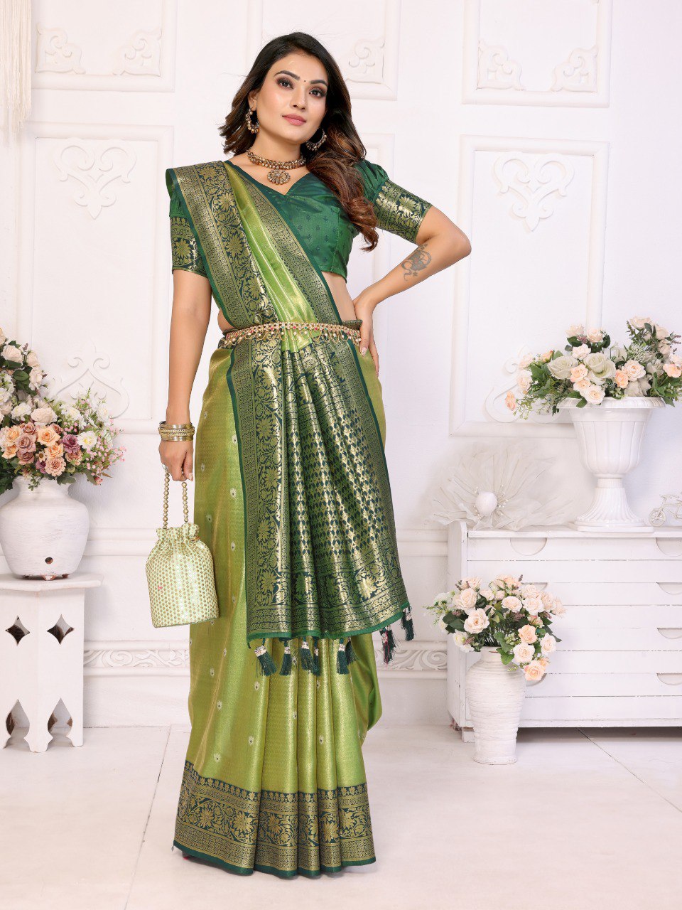 Anaita Light Green Tissue Silk With Butti Weaving Saree With Blouse