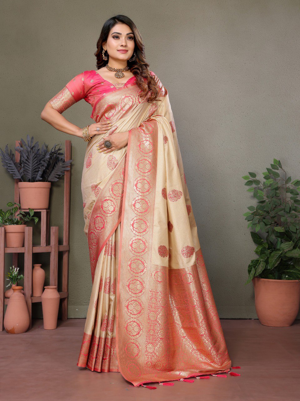 Anaita Baby Pink Viscose Silk With Butties Weaving Saree With Blouse