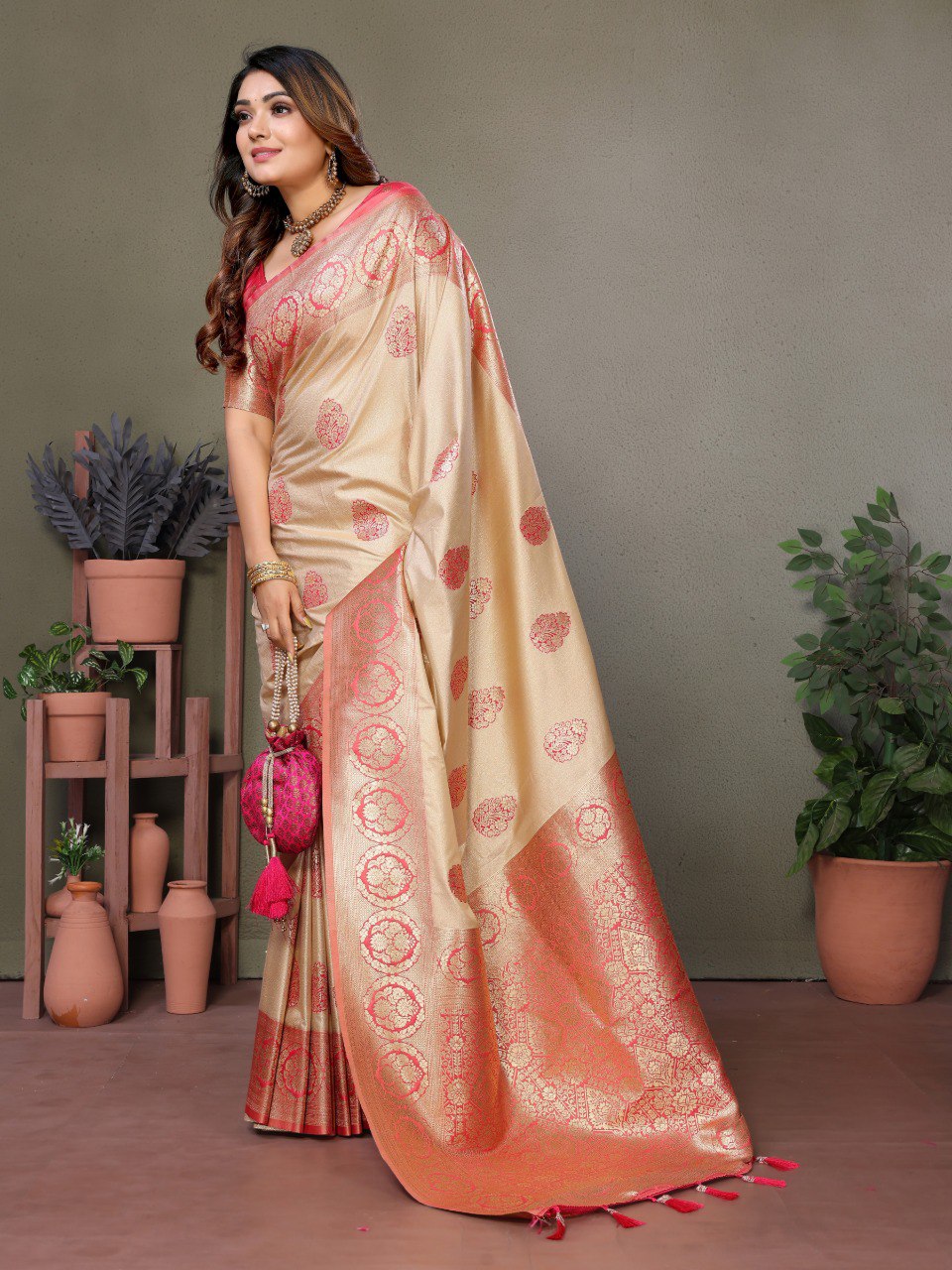 Anaita Baby Pink Viscose Silk With Butties Weaving Saree With Blouse