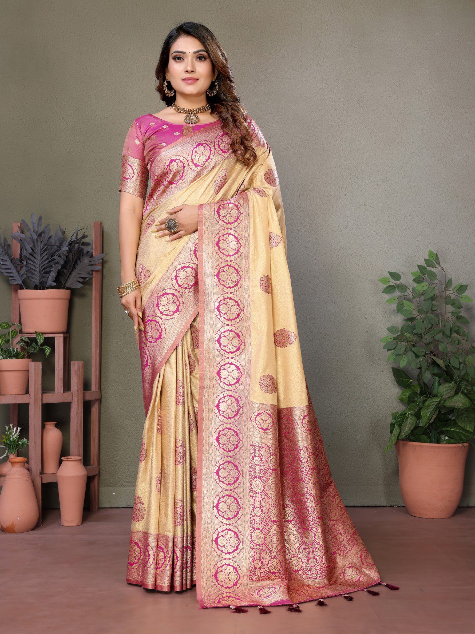 Anaita Rani Pink Viscose Silk With Butties Weaving Saree With Blouse