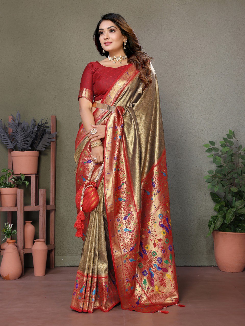 Anaita Mehendi Tissue Silk With Paithani Woven Saree With Blouse