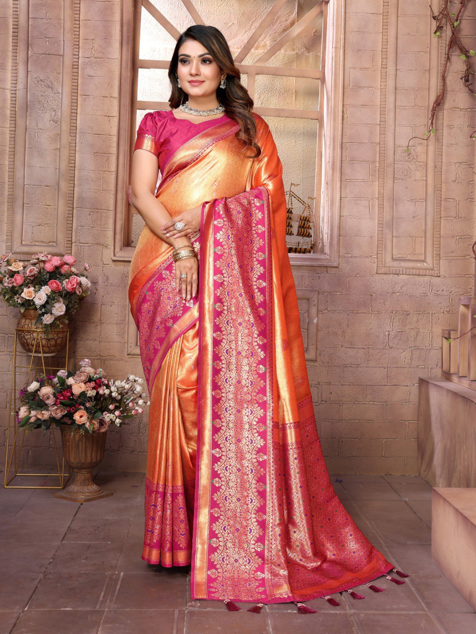 Anaita Light Orange Tissue Silk With Weaving Saree With Blouse