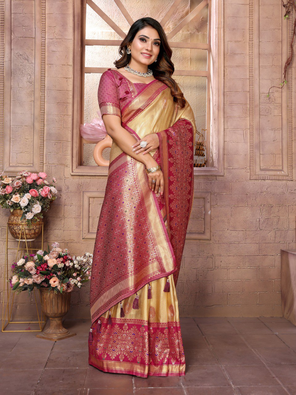 Anaita Cream Tissue Silk With Weaving Saree With Blouse