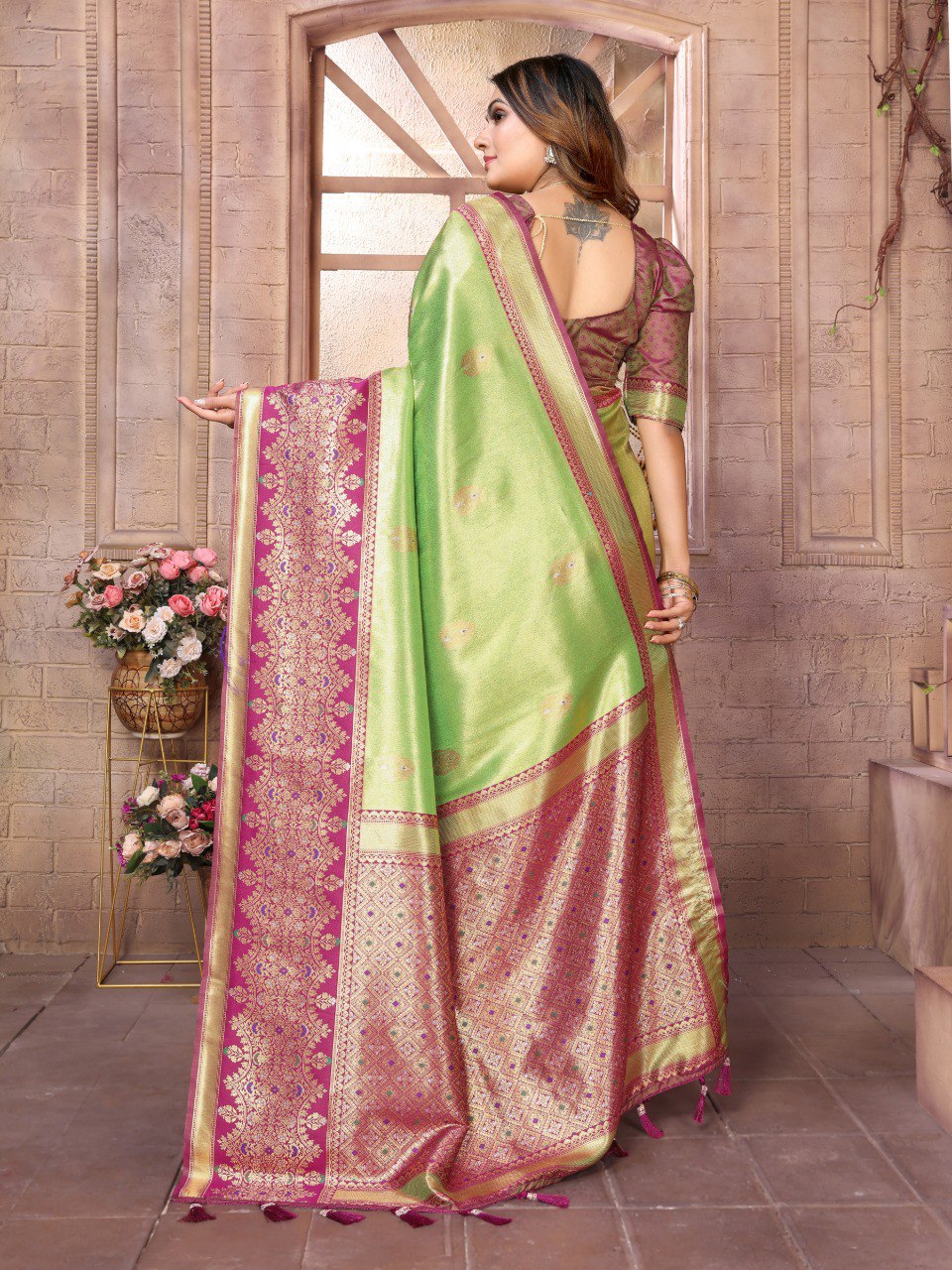 Anaita Light Green Tissue Silk With Weaving Saree With Blouse