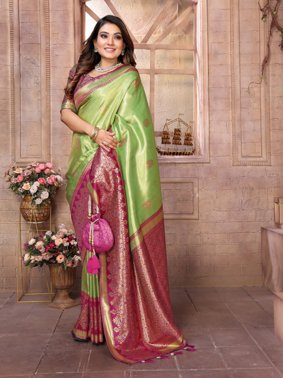 Anaita Light Green Tissue Silk With Weaving Saree With Blouse