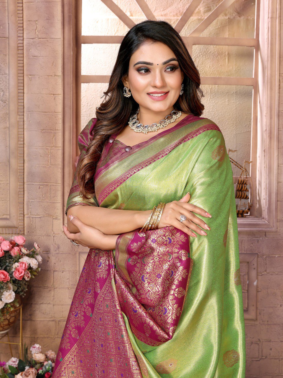 Anaita Light Green Tissue Silk With Weaving Saree With Blouse