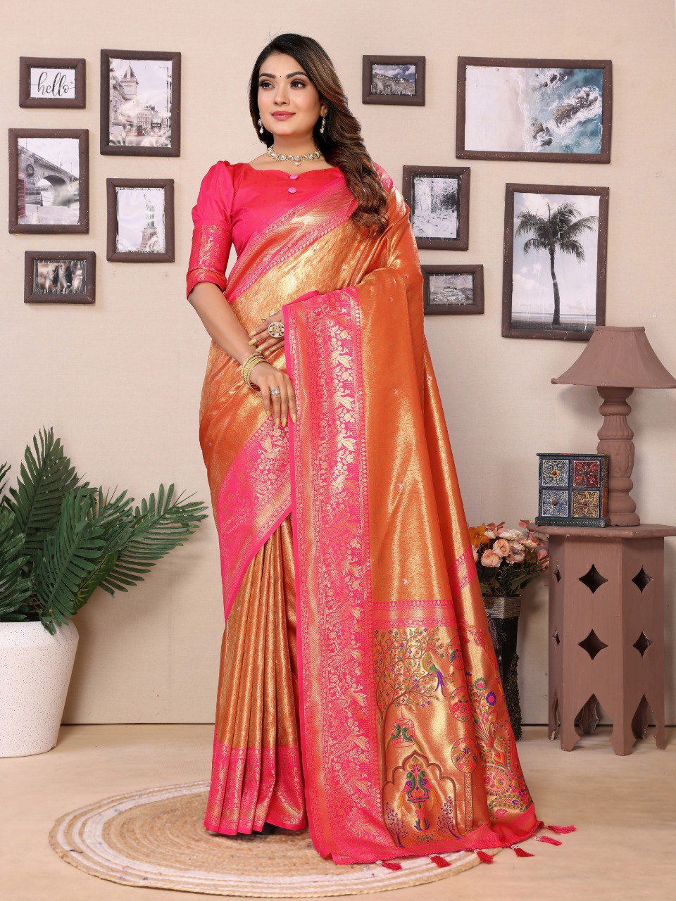 Anaita Orange Tissue Silk With Weaving Saree With Blouse