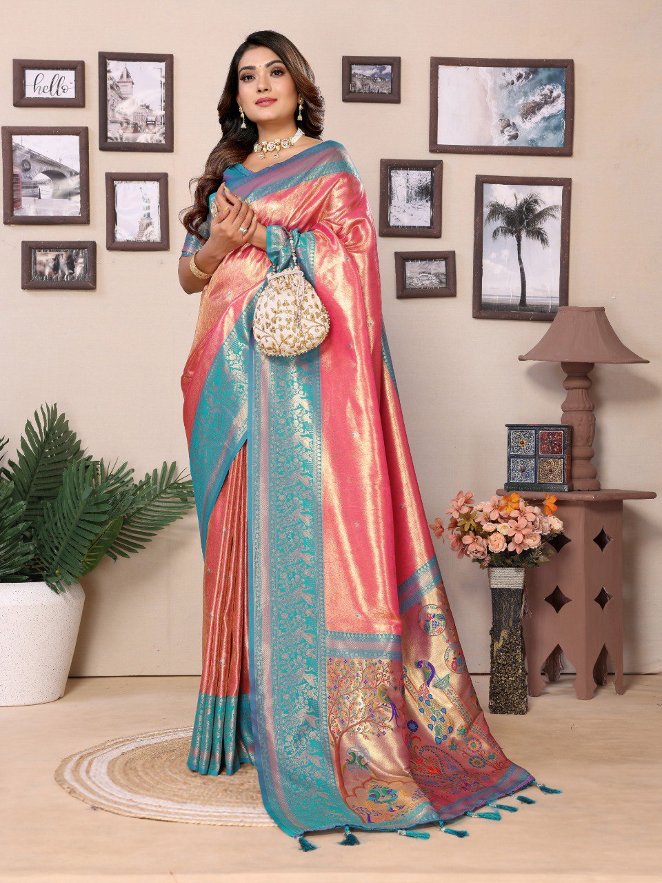 Anaita Light Red Tissue Silk With Weaving Saree With Blouse