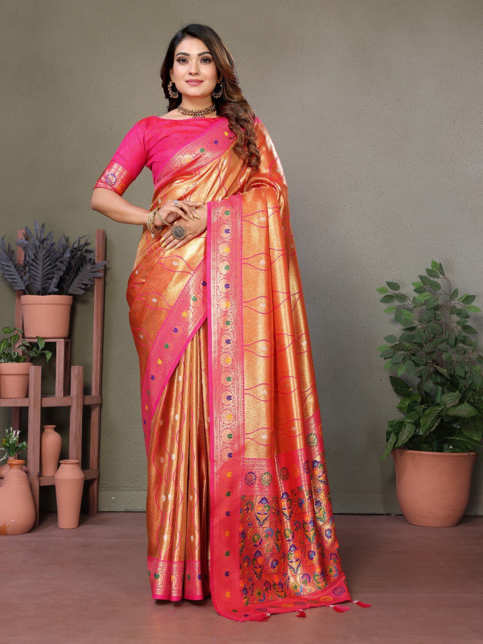 Anaita Orange Tissue Silk With Weaving Saree With Blouse