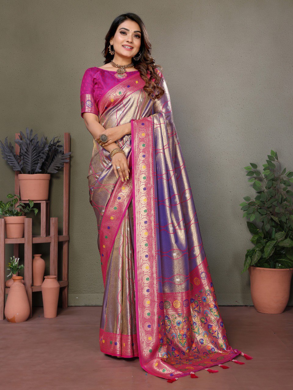 Anaita Lavender Tissue Silk With Weaving Saree With Blouse