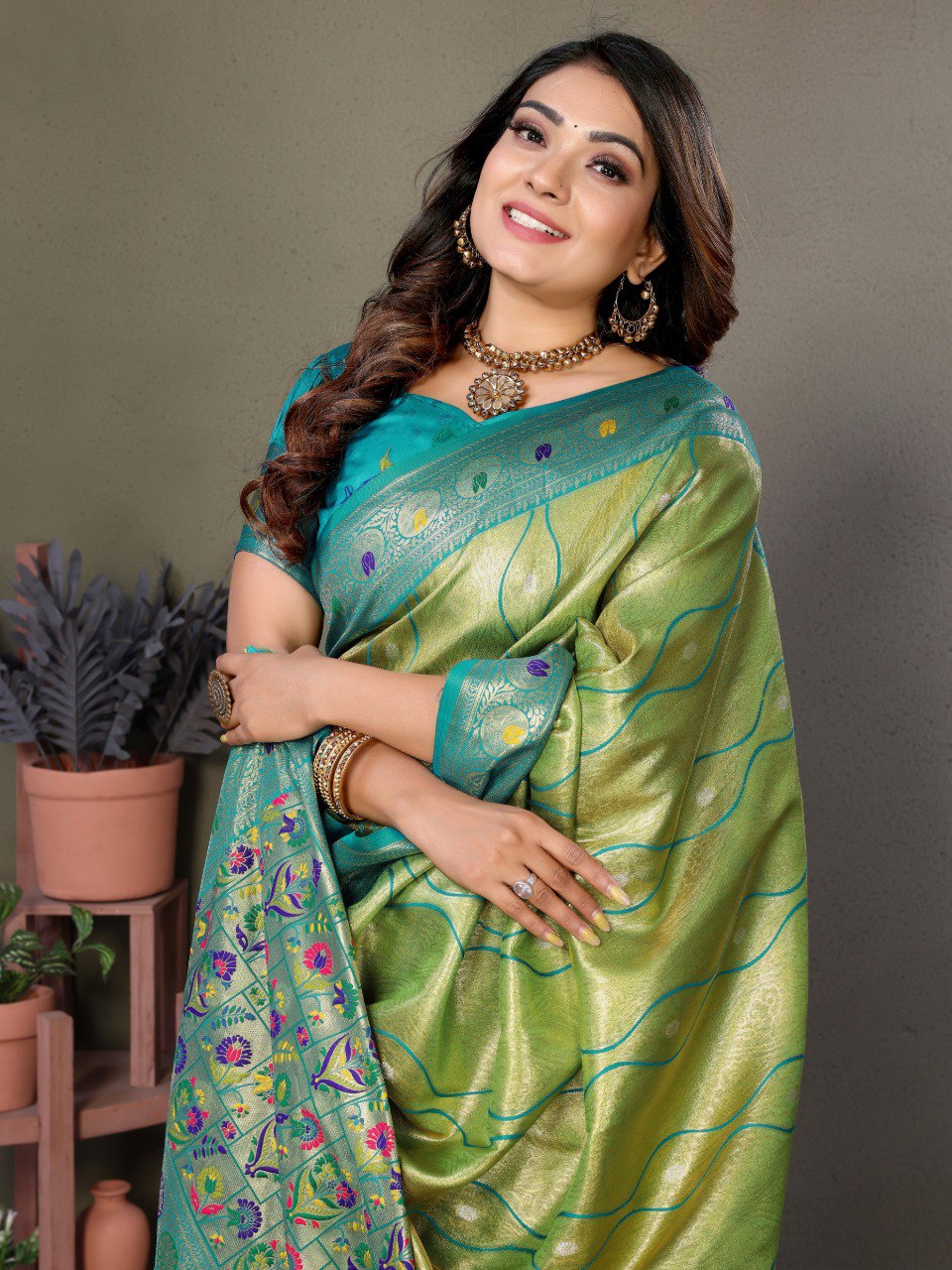 Anaita Light Green Tissue Silk With Weaving Saree With Blouse
