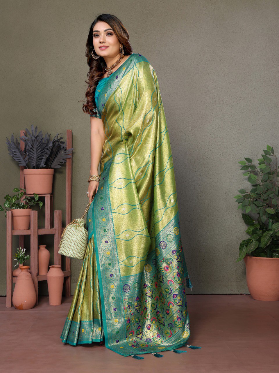 Anaita Green Tissue Silk With Weaving Saree With Blouse