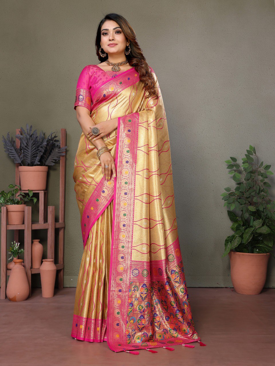 Anaita Light Golden Tissue Silk With Weaving Saree With Blouse