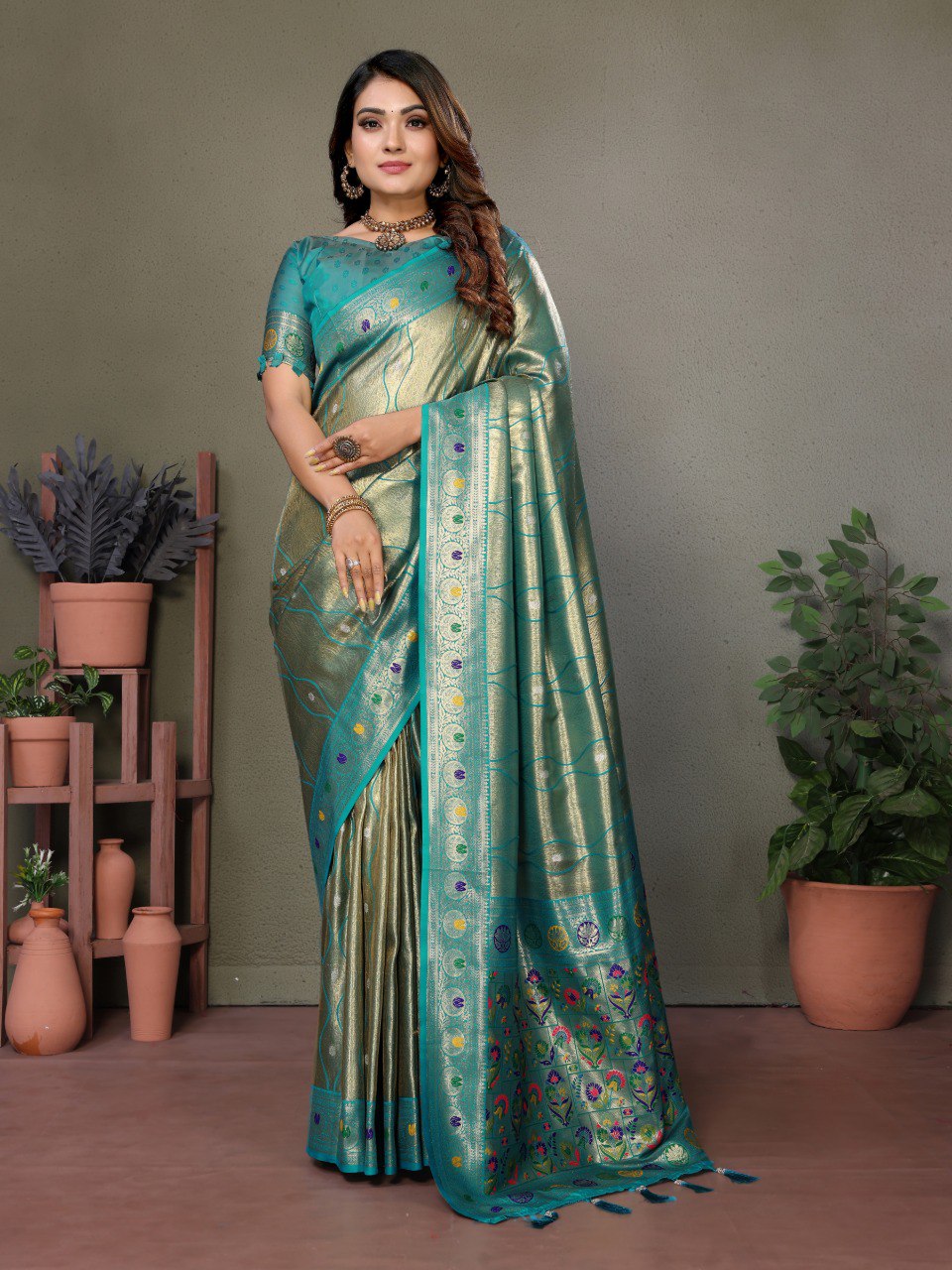 Anaita Light Green Tissue Silk With Weaving Saree With Blouse