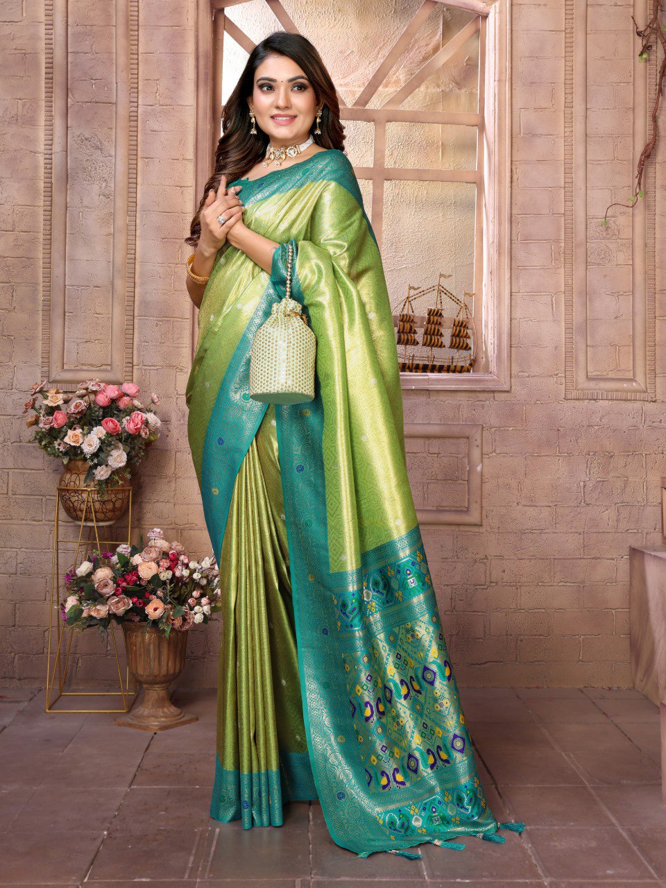 Anaita Green Tissue Silk With Weaving Saree With Blouse