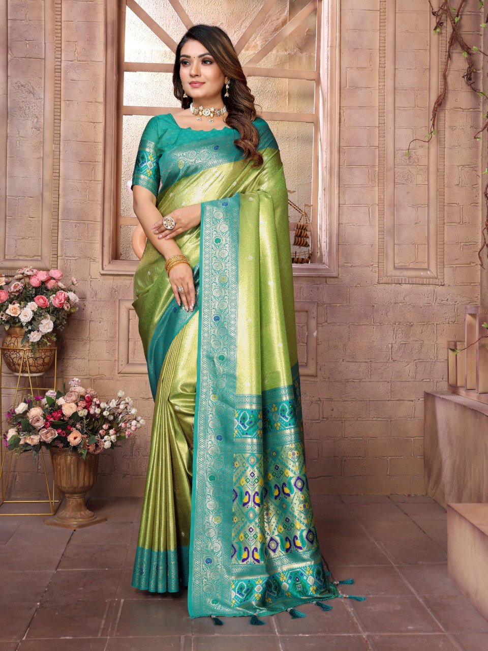 Anaita Green Tissue Silk With Weaving Saree With Blouse
