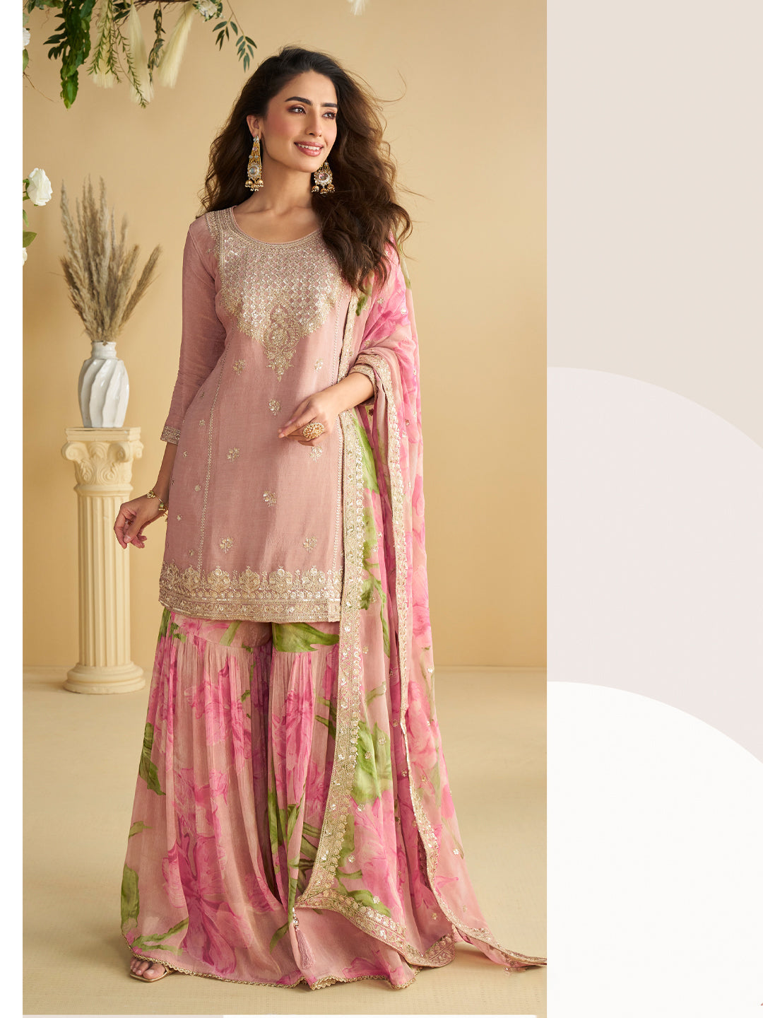 Evanik Women Pink Chinon Silk Zari Embroidered Sequins Sharara Suit