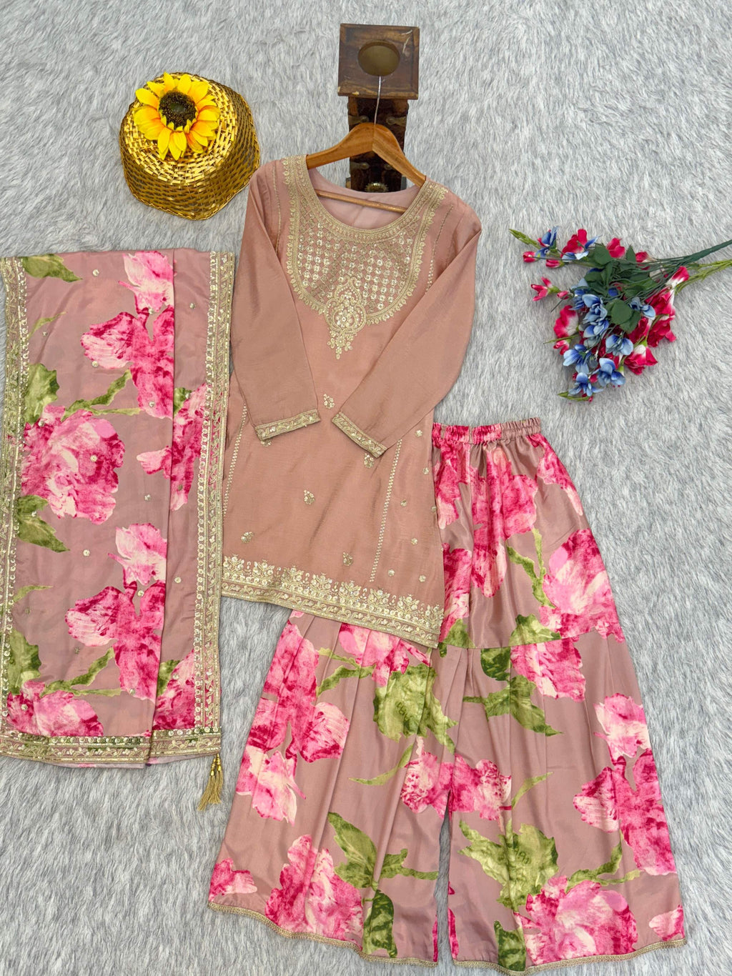 Evanik Women Pink Chinon Silk Zari Embroidered Sequins Sharara Suit