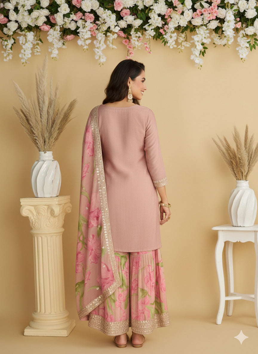 Evanik Women Pink Chinon Silk Zari Embroidered Sequins Sharara Suit