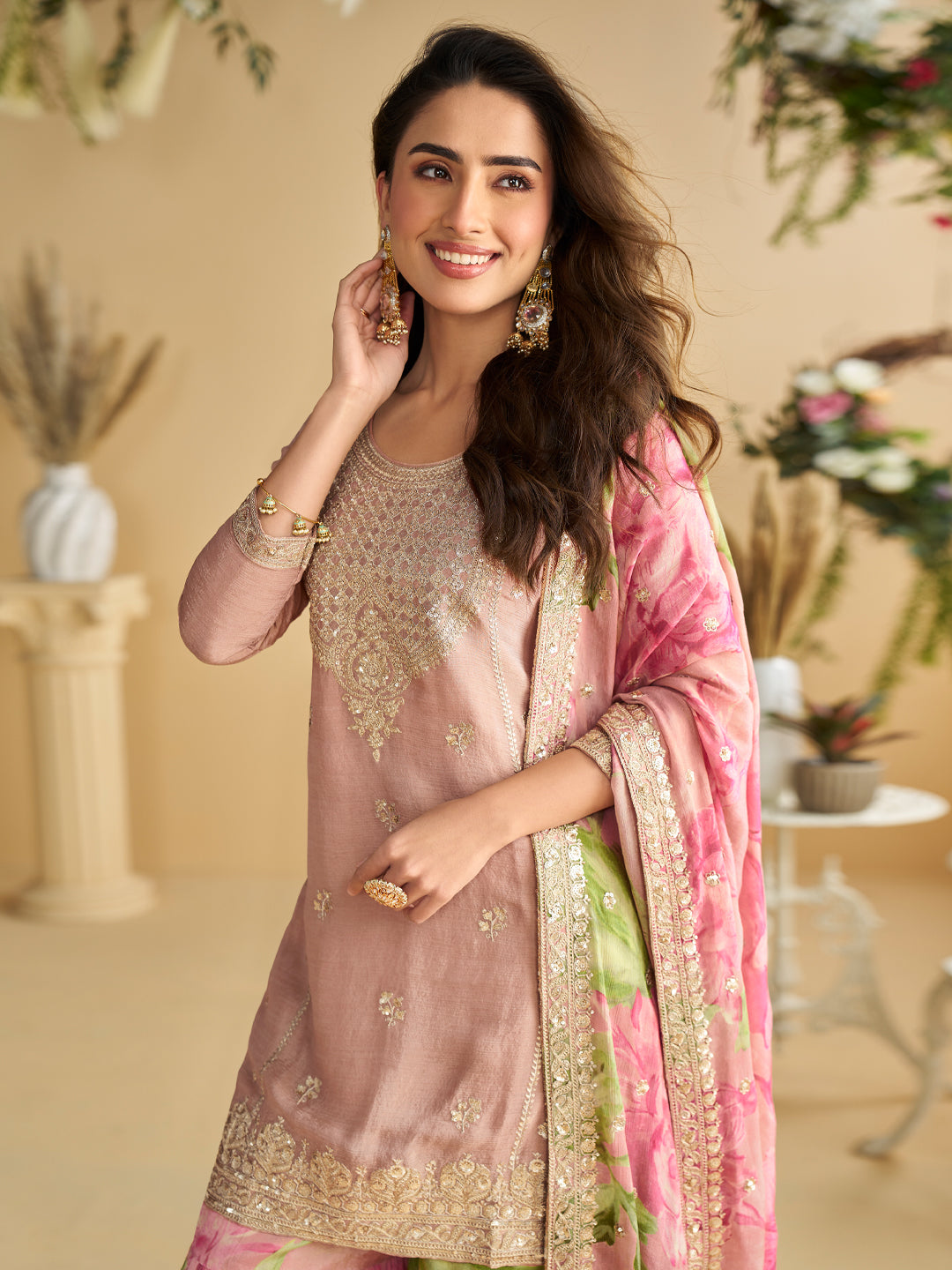 Evanik Women Pink Chinon Silk Zari Embroidered Sequins Sharara Suit