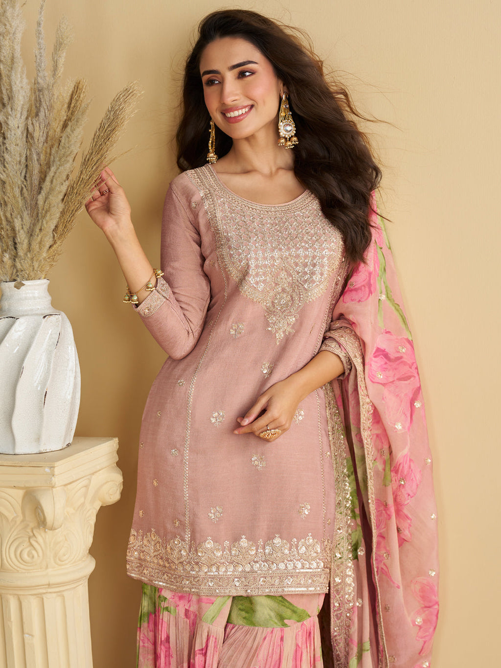 Evanik Women Pink Chinon Silk Zari Embroidered Sequins Sharara Suit