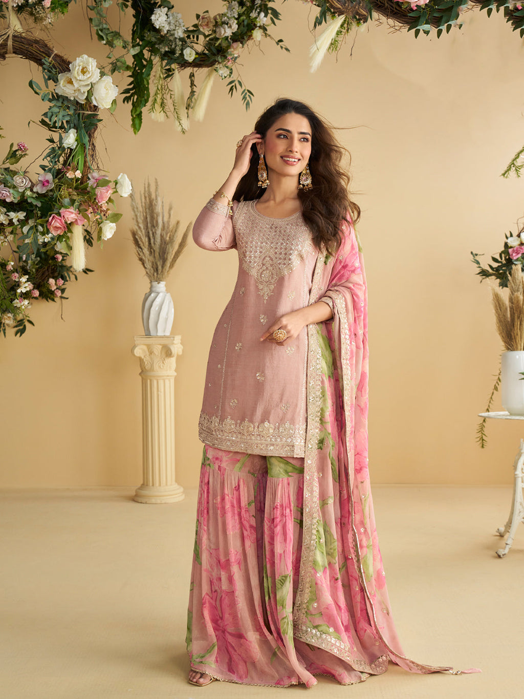 Evanik Women Pink Chinon Silk Zari Embroidered Sequins Sharara Suit